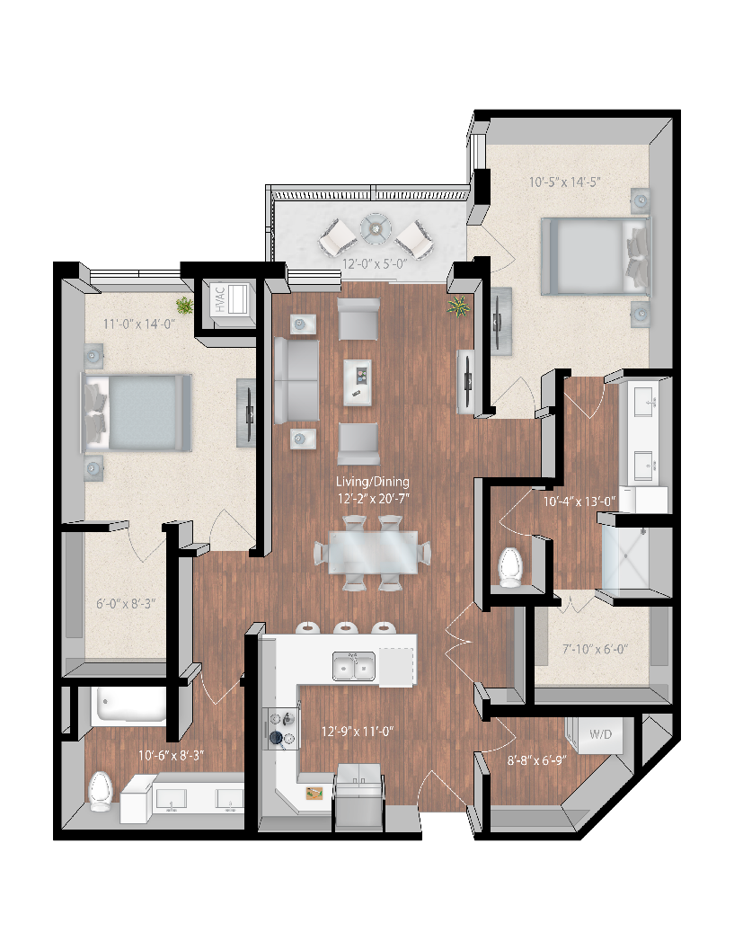 Floor plan for 2 beds, 2 baths, 1262 sqft